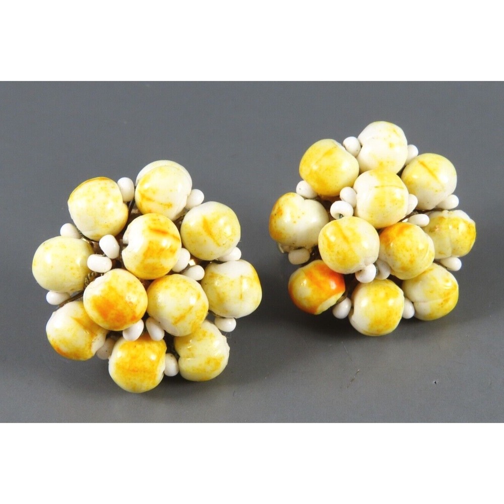 Vintage CASTLECLIFF CLIP-On EARRINGS Yellow Mottled Beads w/White Trim Cluster